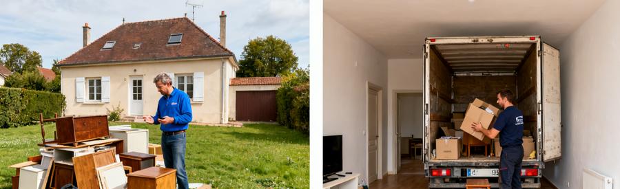 Intervention professionnelle pour débarras dans un pavillon et un appartement, montrant le tri et l'évacuation.