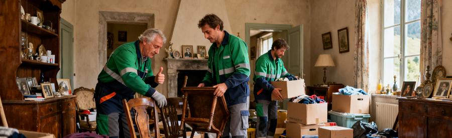 Professionnels du débarras triant des meubles et vêtements dans une maison des Hautes-Alpes.