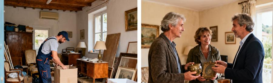 Débarras professionnel dans un studio à Hendaye, et héritiers et professionnel discutant d'un débarras familial.