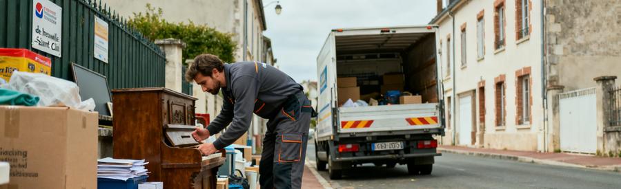 Débarras à Hérouville-Saint-Clair, professionnel inspectant un meuble ancien et préparant une camionnette.
