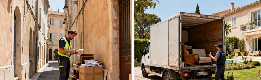 Professionnels en action dans une ruelle étroite de Hyères, un camion utilitaire et un jardin de villa.