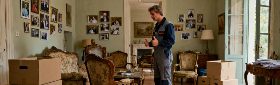 Un professionnel effectué l'évaluation des meubles dans un salon à Hyères, préparant un débarras après une succession.