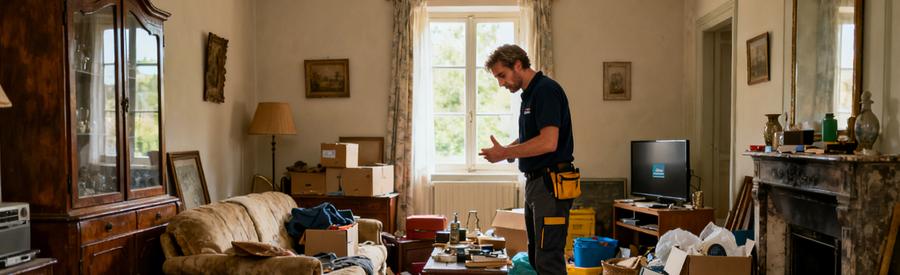 Un professionnel en train d'évaluer des objets dans un salon encombré en Indre-et-Loire, symbolisant le débarras.
