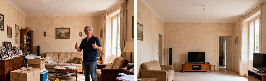 Avant et après le débarras d'un salon à Istres, mettant en avant une situation délicate suivie d'un espace nettoyé et apaisant.
