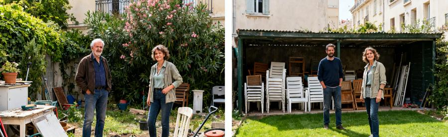 Avant/après d'un jardin dans le 11ème arrondissement de Marseille, montrant le tri et l'enlèvement d'encombrants.