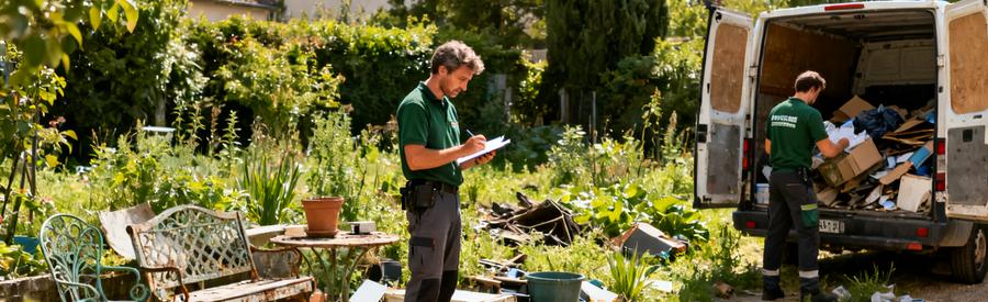 Deux professionnels du débarras dans un jardin encombré évaluent et chargent des déchets, illustrant le service de SuperDebarras.
