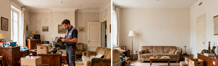 Un professionnel inspecte des objets dans un salon à Joué-lès-Tours, préparant un débarras efficace et organisé.