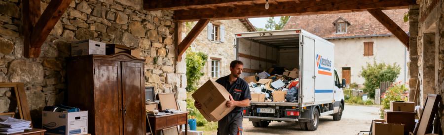 Débarras professionnel dans une maison jurassienne avec un débarraskeur triant des meubles et cartons.