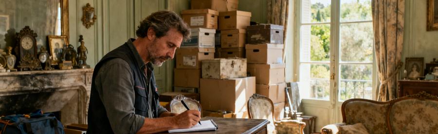 Un professionnel du débarras inspecte des meubles d'une succession à La Ciotat, entouré d'objets anciens.