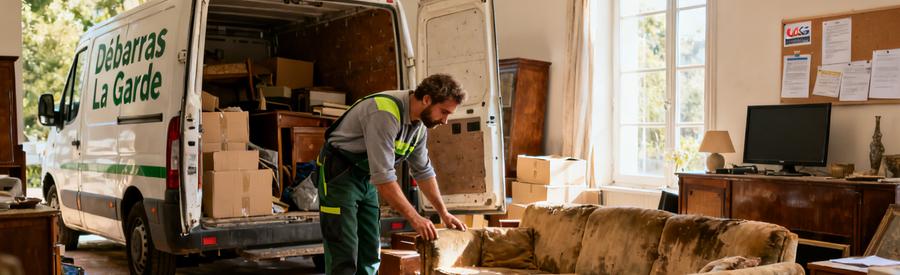 Un professionnel évalue un salon encombré de vieux meubles et cartons, prêt à les débarrasser.