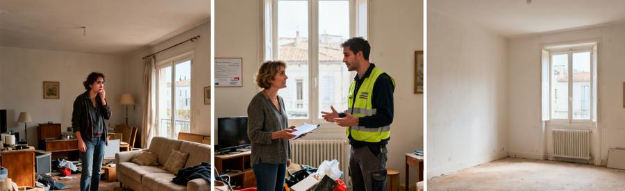 Scènes montrant un débarras après succession à La Rochelle : désordre, évaluation confiante, espace vidé et apaisé.