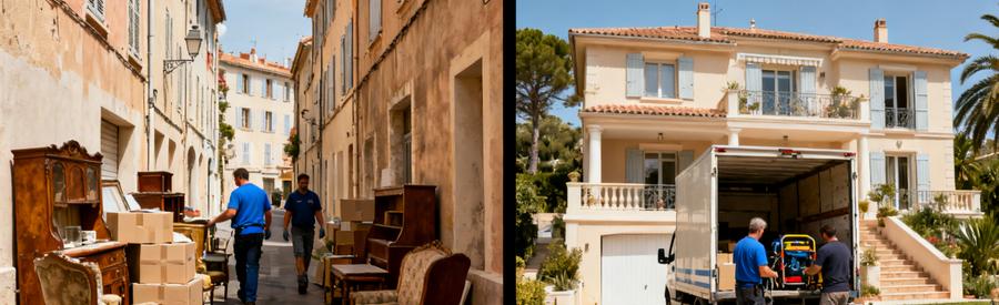 Professionnels du débarras à La Seyne-sur-Mer, travaillant dans une ruelle étroite et une villa spacieuse.