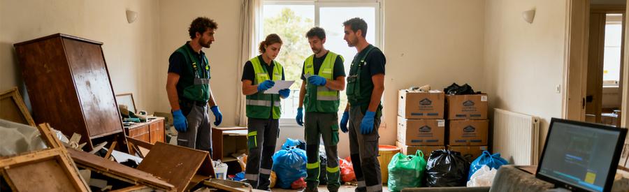 Débarras d'un appartement encombré avec une équipe professionnelle à La Teste-de-Buch, montrant expertise et concentration.