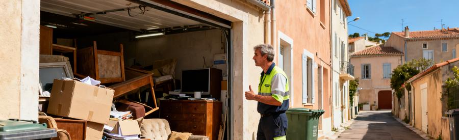 Un professionnel inspecte un garage encombré de vieux meubles et cartons à La Valette-du-Var, illustrant le débarras urbain.