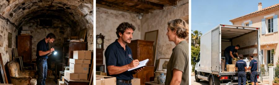 Scènes de débarras à La Valette-du-Var montrant un professional, un client et le chargement d'un camion.