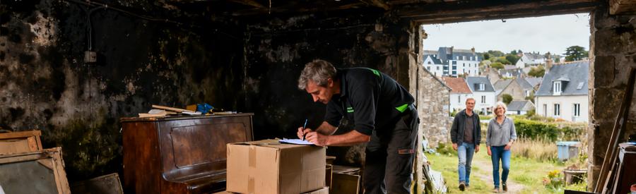 Un professionnel inspecte une cave humide à Lanester, entouré d'objets encombrants pour le débarras.
