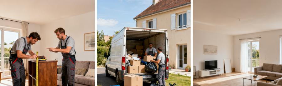 Comparaison de trois étapes d'un débarras à Lanester avec des professionnels en action et le résultat final.