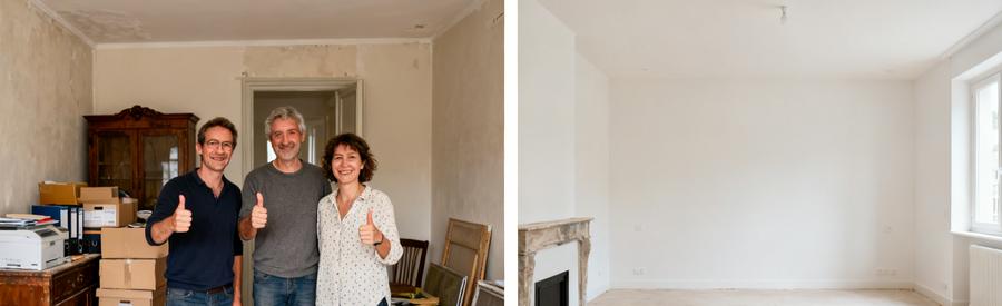 Avant/après d'un appartement à Lannion : état encombré puis vidé et propre, illustrant le service de débarras.