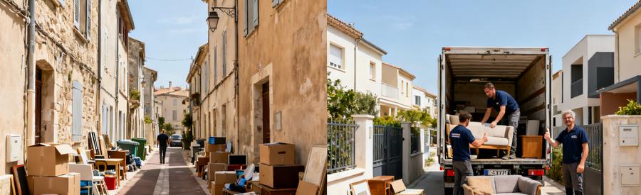 Débarras à Lattes montrant une ruelle ancienne et un lotissement moderne avec des professionnels en action.
