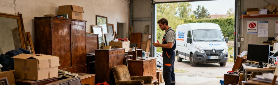 Un débarras professionnel dans un garage à Laval, avec des objets encombrants examinés par un professionnel.