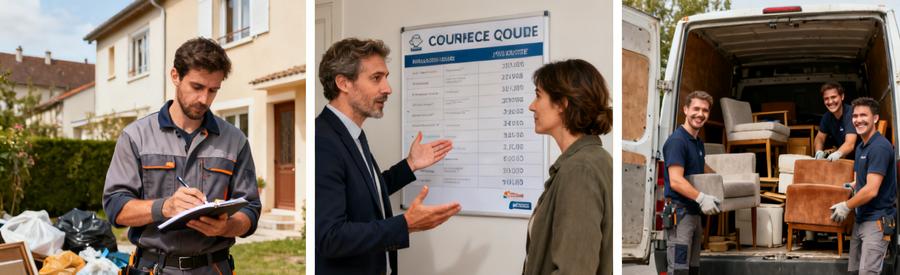Trois étapes d'un débarras au Chesnay-Rocquencourt : visite d'évaluation, explication du devis et chargement dans camionnette.