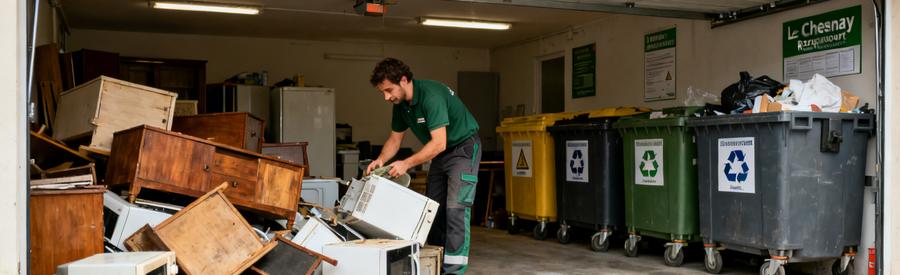 Un professionnel classant des encombrants dans un garage en respectant les règles de tri et de recyclage.