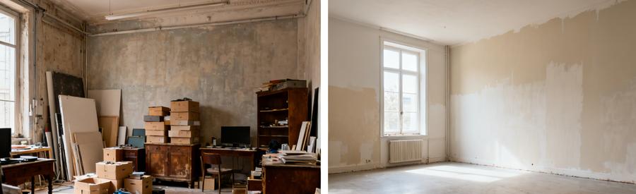 Comparaison d'un studio encombré et d'un espace vide après un débarras au Creusot.