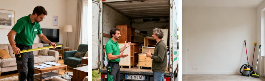 Scènes illustrant le processus de débarras au Creusot, d'évaluation à la satisfaction finale dans un espace dégagé.