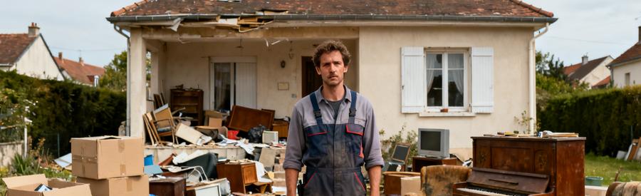 Débarras professionnel devant un pavillon désordonné à Le Grand-Quevilly, prêt à intervenir pour nettoyer et désencombrer.