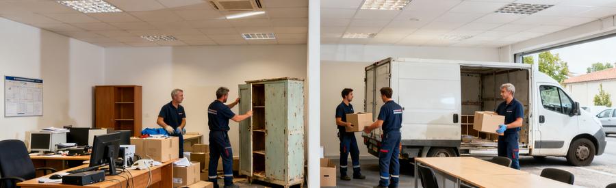 Bureau professionnel avant et après le débarras à Villenave-d'Ornon, avec des débarrasseurs en action.