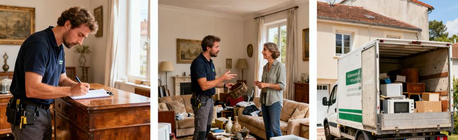 Un débarras à Lunéville, inspection de meubles en bois et discussion avec un client avant le chargement de la camionnette.