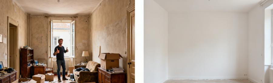 Avant et après le débarras d'un appartement à Mâcon, montrant une transformation complète.