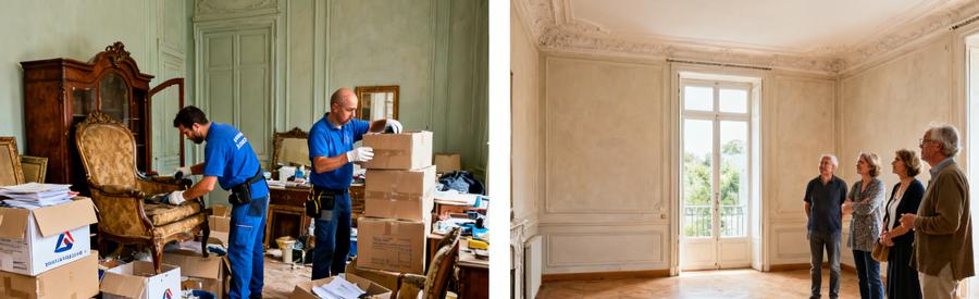 Professionnels du débarras triant des meubles dans un appartement, puis la pièce vide après le débarras en Charente-Maritime.