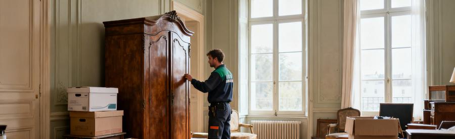 Un débarras professionnel dans une maison bourgeoise à Marcq-en-Barœul avec un expert en action, inspectant des meubles.