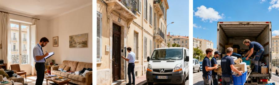Processus de débarras à Marseille 11ème, de l'estimation au chargement des objets dans une camionnette.