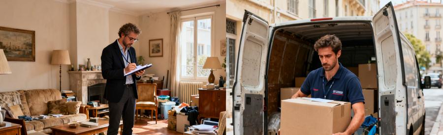 Comparaison de services de débarras à Marseille 11ème, avec professionnels en action, meubles à charger.