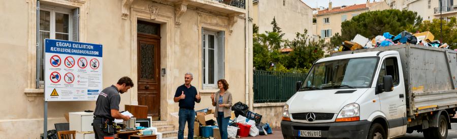 Professionnel évaluant des objets devant une maison à Marseille 12, avec un camion de débarras en arrière-plan.