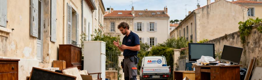 Professionnel du débarras évaluant une maison de ville à Saint-Barnabé, Marseille, avec des meubles et cartons à trier.
