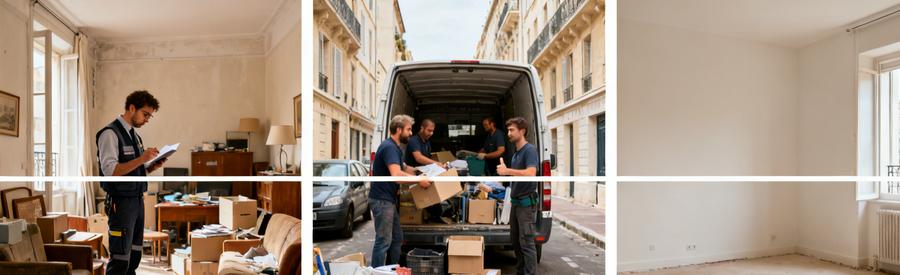 Un professionnel examine un appartement encombré tandis qu'une équipe charge des objets dans une camionnette, suivi d'un espace dégagé.