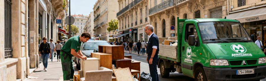 Scène de débarras à Marseille 2ème, montrant une inspection réglementaire des objets par des professionnels.