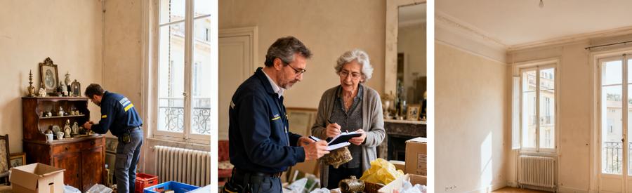 Professionnel du débarras à Marseille inspectant un appartement après un décès, processus d'évaluation des objets à conserver ou jeter.