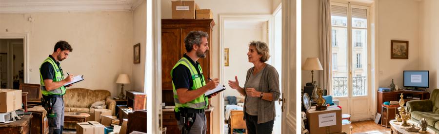 Un professionnel en débarras inspecte et discute de l'évaluation d'un salon encombré à Marseille 3ème.