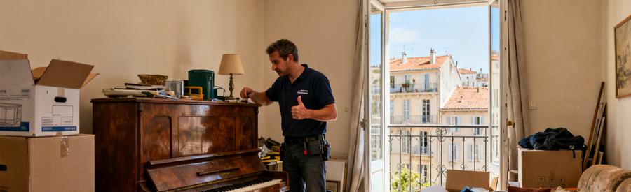 Un professionnel du débarras examine des meubles dans un appartement du 5ème arrondissement de Marseille, entouré de cartons.