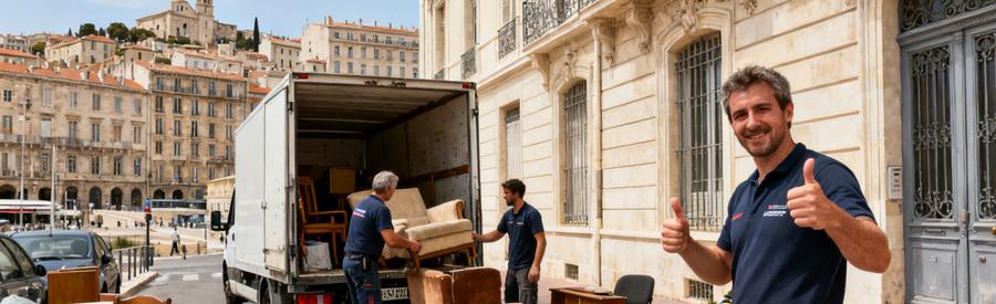 Débarras professionnel à Marseille 6ème avec arrondissements voisins, professionnels chargent des meubles.