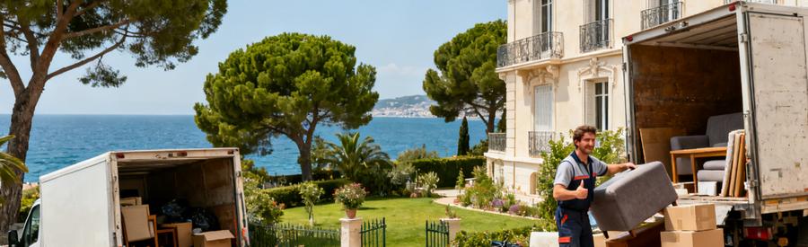 Professionnel du débarras devant une maison de ville à Marseille 7ème, examinant des meubles et cartons en vue de l'évacuation.