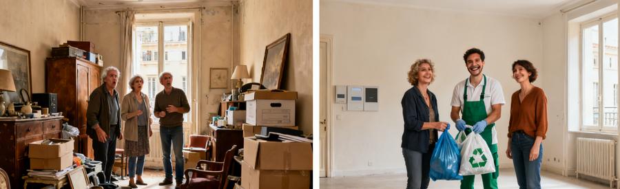 Avant/après débarras d'un appartement à Marseille 9ème, montrant encombrement puis espace propre.