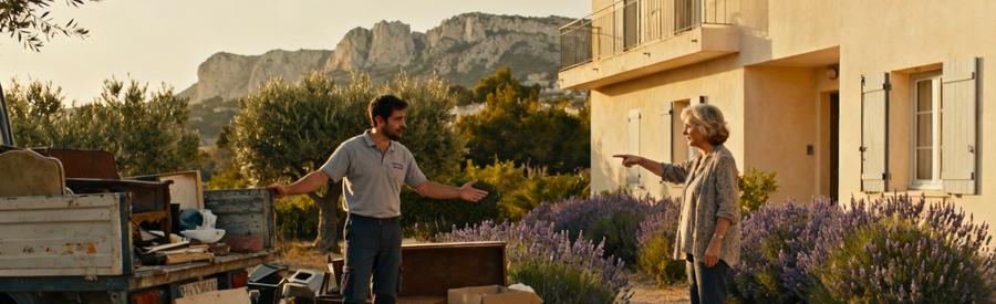 Professionnel du débarras devant une maison des années 60 à Mazargues, Marseille 9ème, évaluant les objets à évacuer.