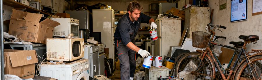 Un professionnel évalue un garage encombré à Maubeuge, avec des objets divers et des déchets dangereux.