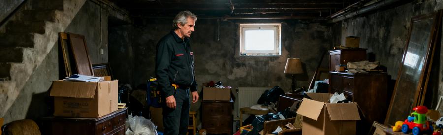 Un professionnel évaluant une cave encombrée dans un pavillon de Mérignac, avec des objets éparpillés partout.