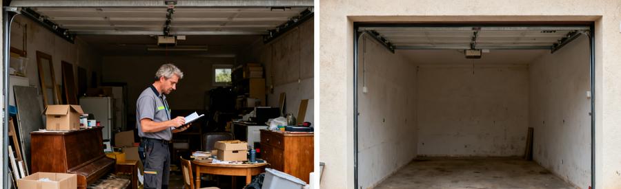 Débarras professionnel évaluant un garage encombré et garage vidé et nettoyé après l'intervention à Mérignac.